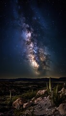 Breathtaking close up of the milky way over a serene desert with cacti and rocky formations