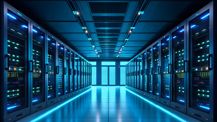 Futuristic Server Room – Data Center with Blue Lighting & High-Tech Infrastructure