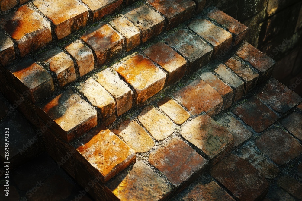 Poster a series of aged brick steps in varying tones of red and orange, touched by sunlight and shadow.