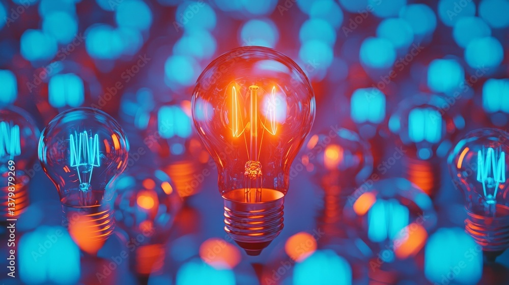 Poster a stunning orange lightbulb radiates warmth, surrounded by a multitude of blue bulbs that create a c