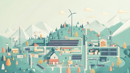 Renewable Energy Infrastructure and Sustainable Community Vector Illustration