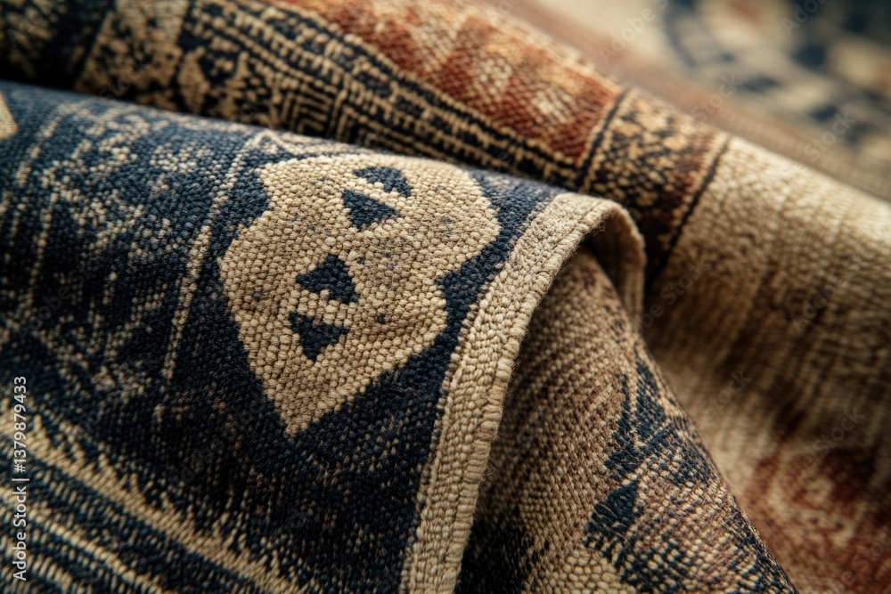 Poster Close-up of a patterned rug with a rolled edge, showcasing intricate designs and textures in beige, blue, and brown.