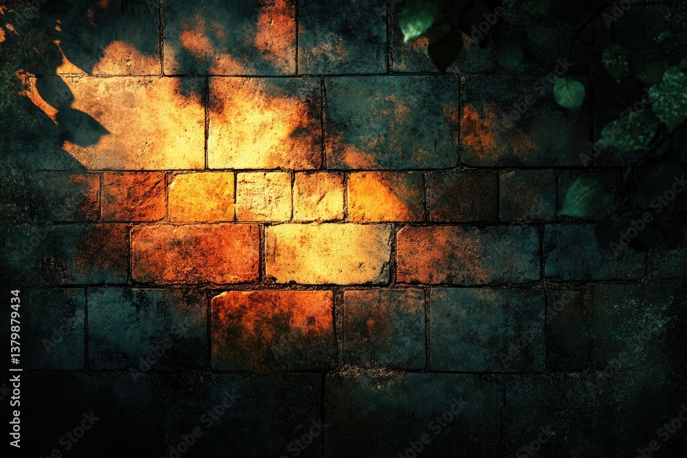 Aufkleber a brick wall is illuminated by sunlight filtering through foliage, creating a dramatic contrast of l