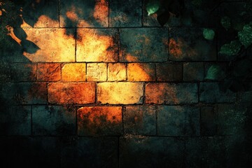 A brick wall is illuminated by sunlight filtering through foliage, creating a dramatic contrast of light and shadow.