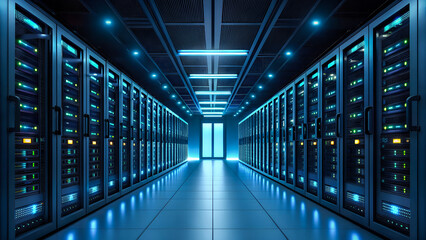 Futuristic Server Room – Data Center with Blue Lighting & High-Tech Infrastructure