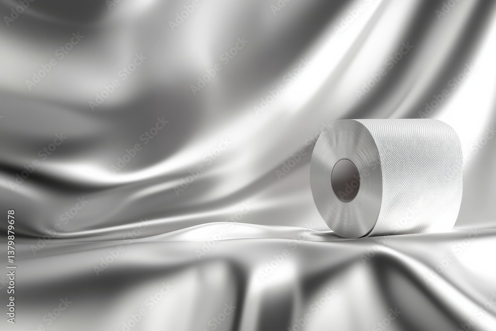 Poster elegant white roll present on glossy silver fabric with soft folds and reflections under gentle ligh