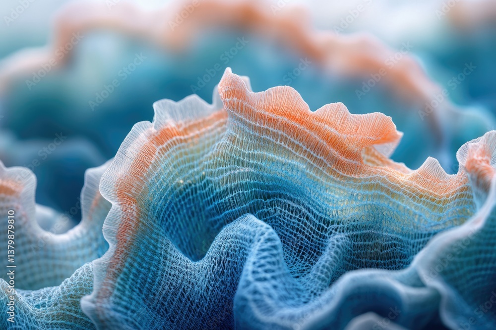 Poster delicate blue and orange netted structure, resembling waves or coral, with intricate details in a cl