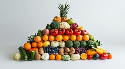 Physical food pyramid sculpture built from real foods, each layer stacked with fresh vegetables, grains, dairy, fruits, and proteins, clean white seamless background, bright studio lighting.