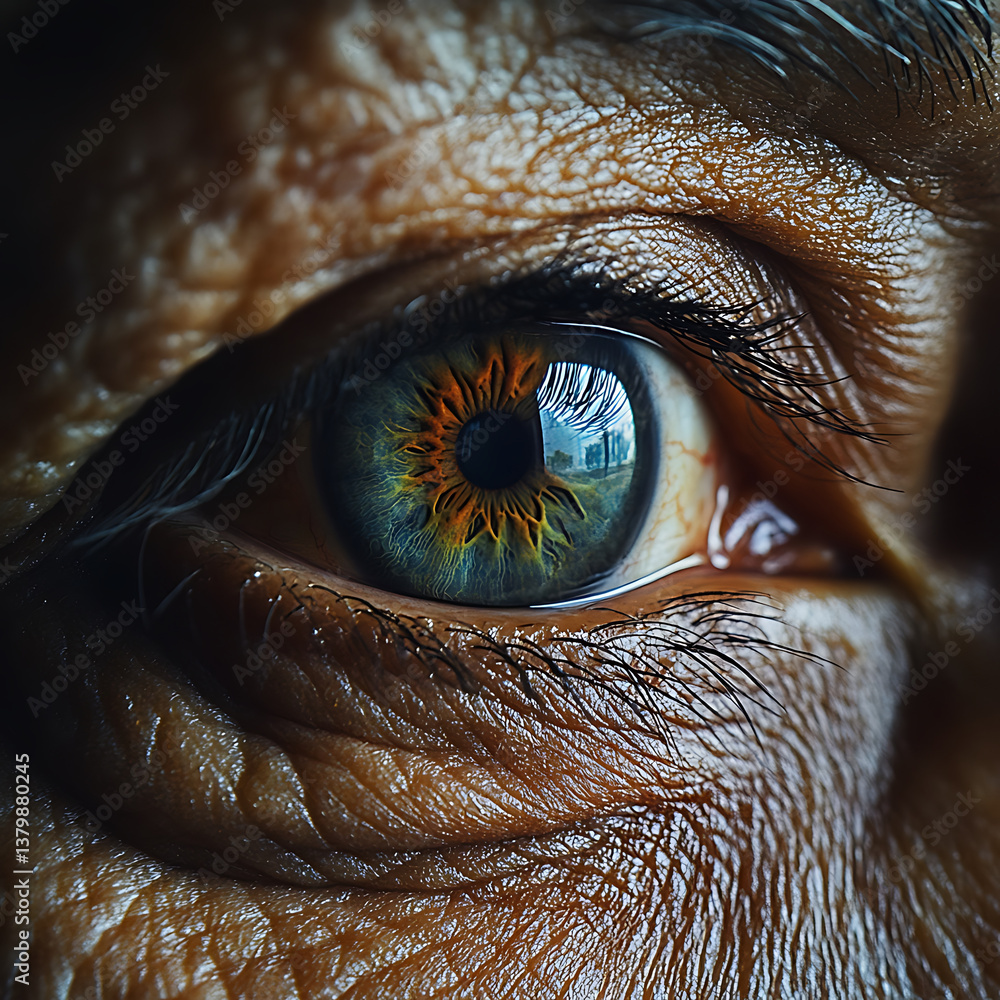 Poster close up of human eye showcasing intricate details, including vibrant colors and textures, reflectin