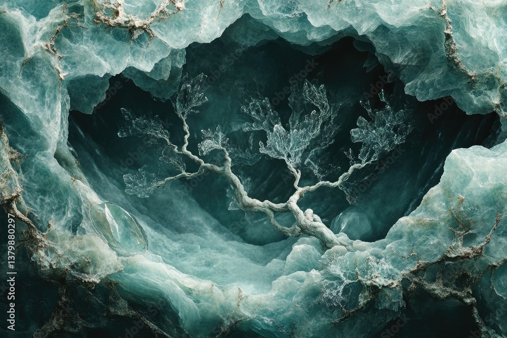 Aufkleber abstract teal geode formation with a crystallized tree-like structure growing through a dark cave, c