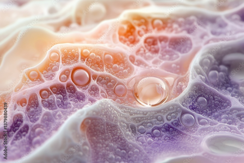 Aufkleber Abstract macro of cellular structure with water droplets, showcasing pastel colors and intricate texture under detailed focus.