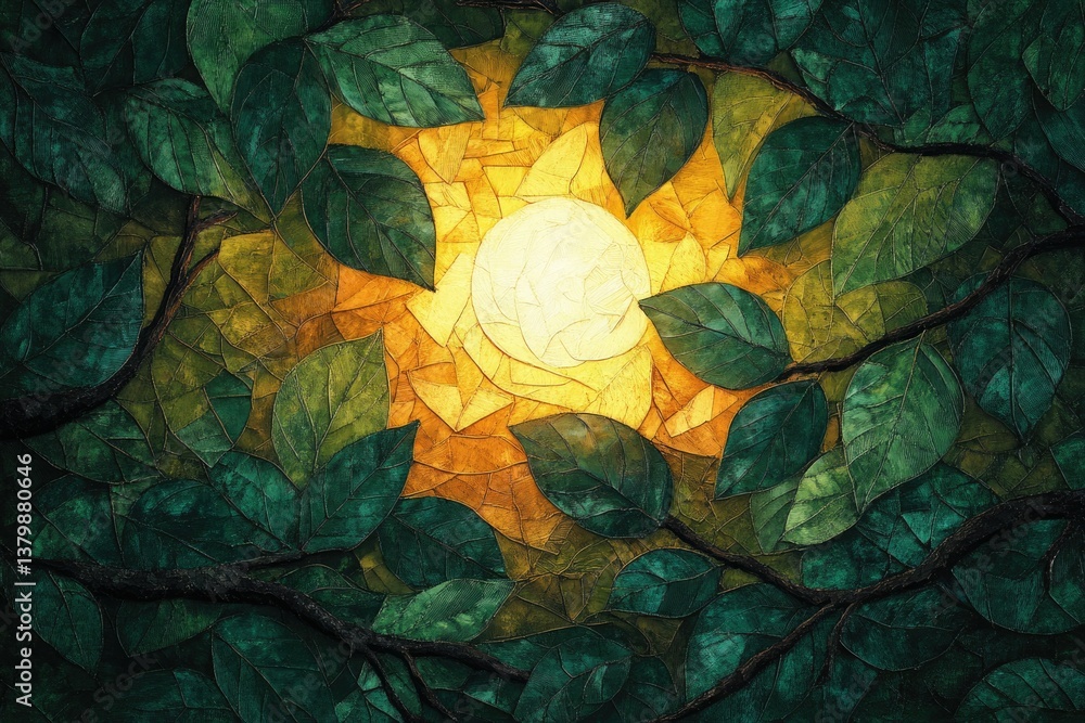 Poster Sunlight filters through a canopy of lush green leaves, creating a mosaic of light and shadow in nature's serene embrace.