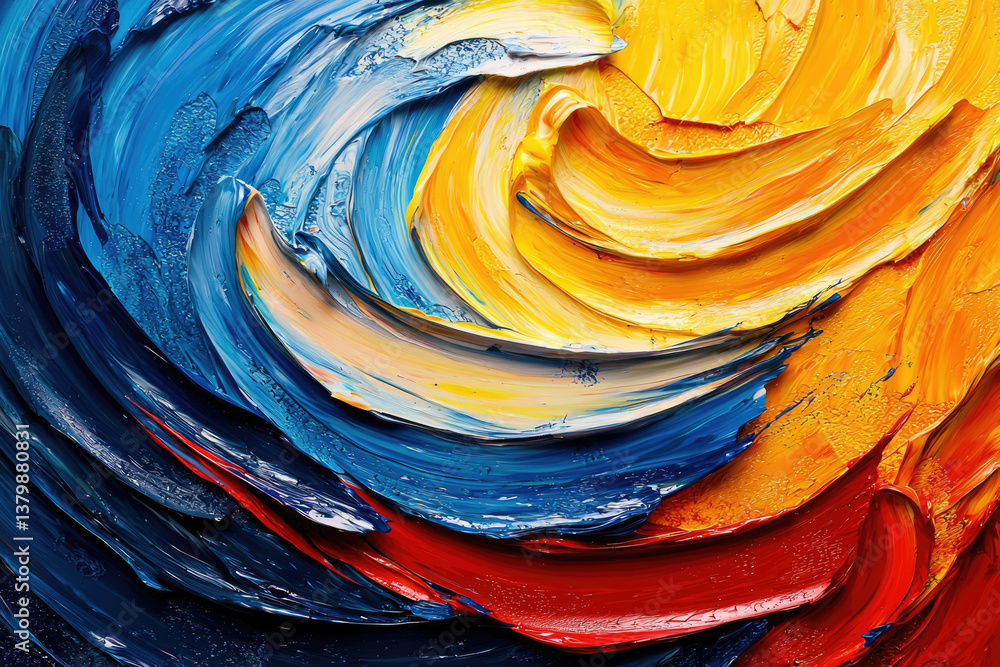 Poster abstract painting with swirling strokes of blue, yellow, and red, creating a vibrant and dynamic com
