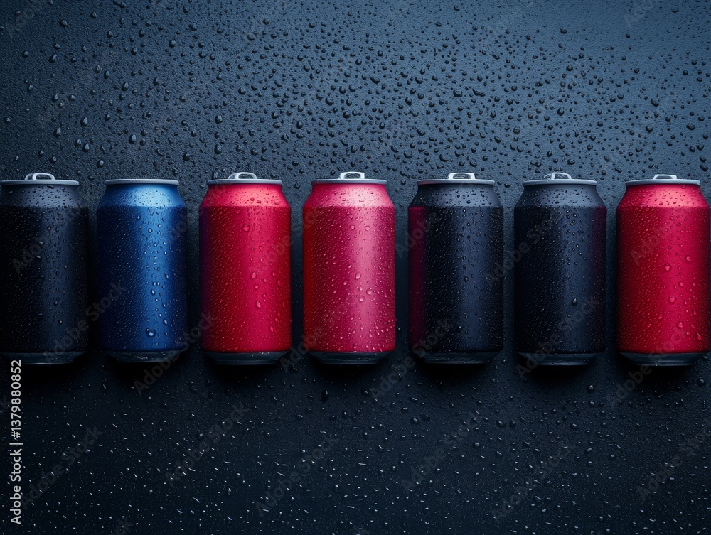 Poster Assorted colorful beverage cans arranged neatly on a surface with water droplets, showcasing various shades and textures