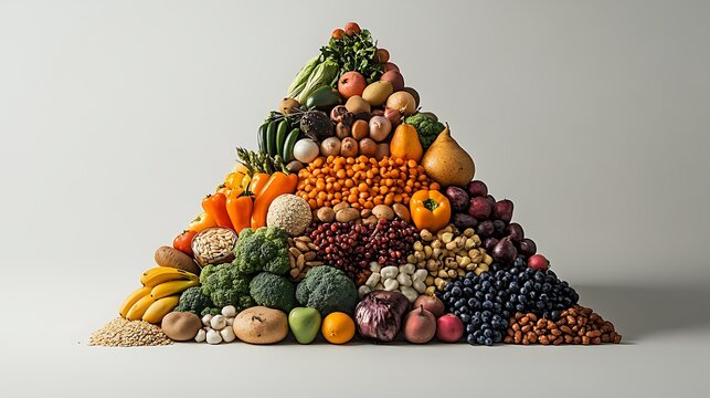 Side-view shot of a physical food pyramid created with real food items, stacked layer by layer &mdash; whole grains, fruits, vegetables, and proteins &mdash; each precisely placed, white background,