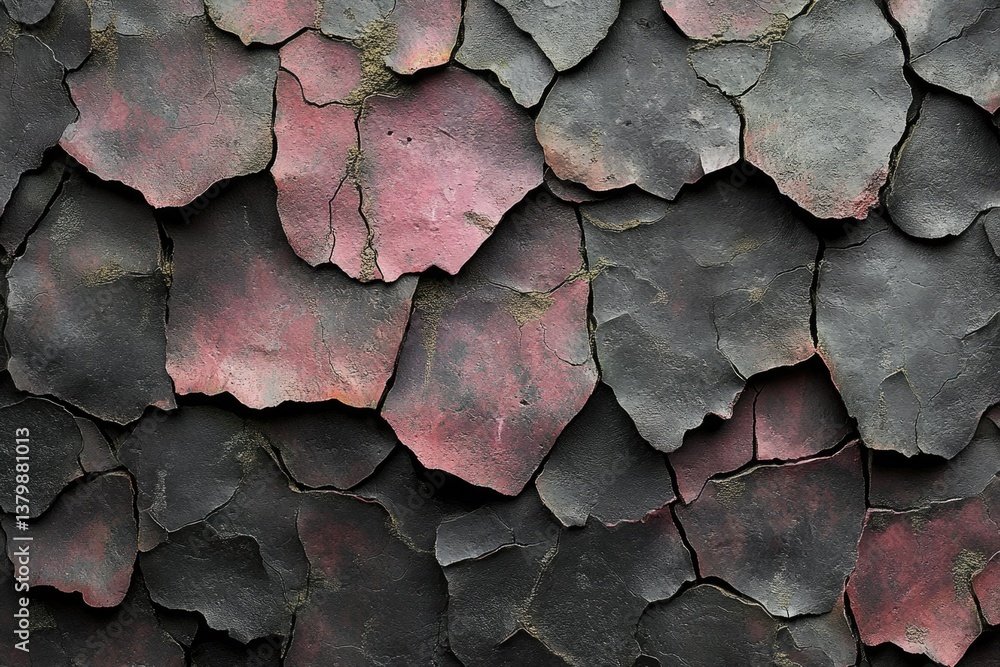 Poster abstract background of cracked, overlapping stone tiles with a dark, worn texture and hints of pink.