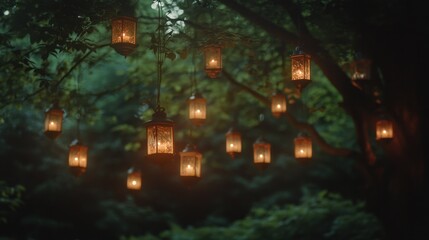 Many candle lit lanterns hanging from tree branches in a garden