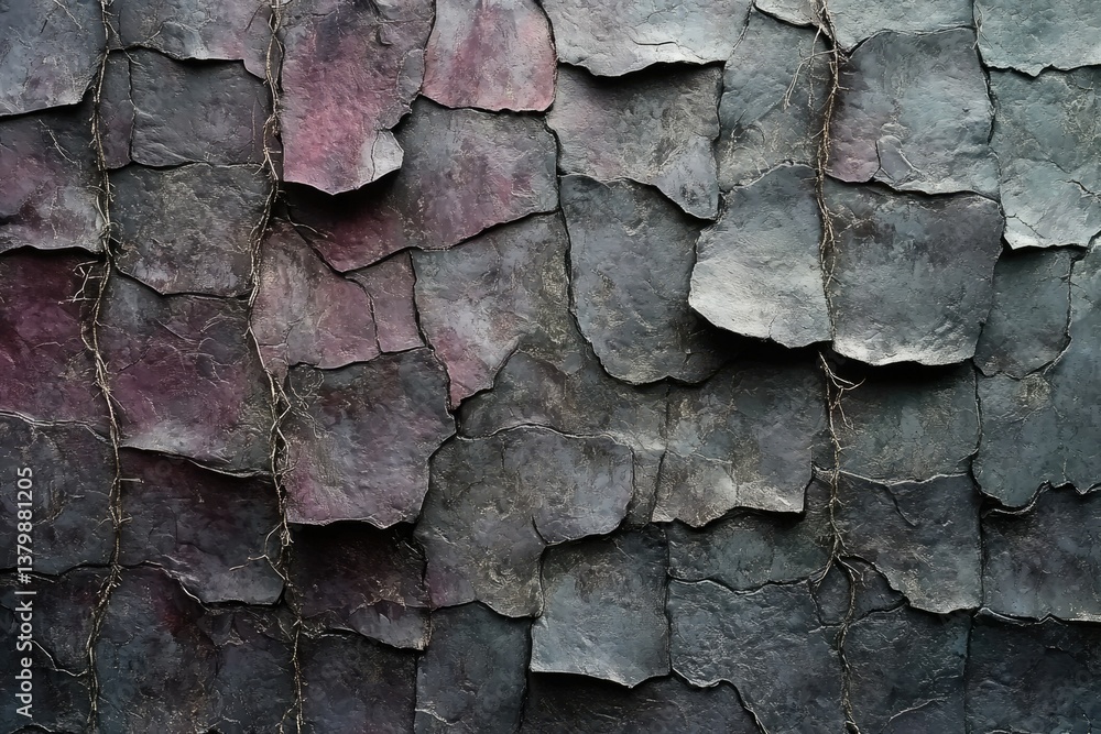 Aufkleber an abstract design featuring layered slate tiles in shades of gray and purple, accented by thin, win