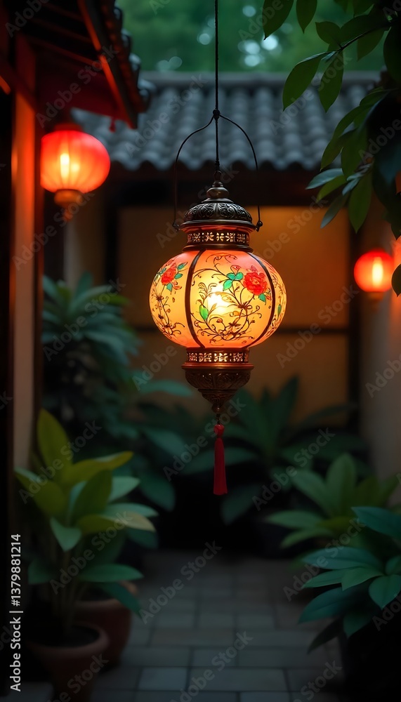 Poster generative ai lanterns glow softly in a serene courtyard, with potted plants adding a natural touch 