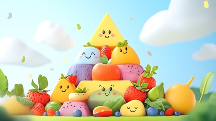 Fototapeta premium Stylized animated frame of food pyramid being built step-by-step, cartoon food characters moving into place, colorful flat design, playful aesthetic. Background with simple sky gradient and clouds.