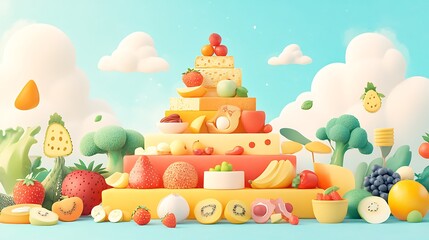 Obraz premium Stylized animated frame of food pyramid being built step-by-step, cartoon food characters moving into place, colorful flat design, playful aesthetic. Background with simple sky gradient and clouds.