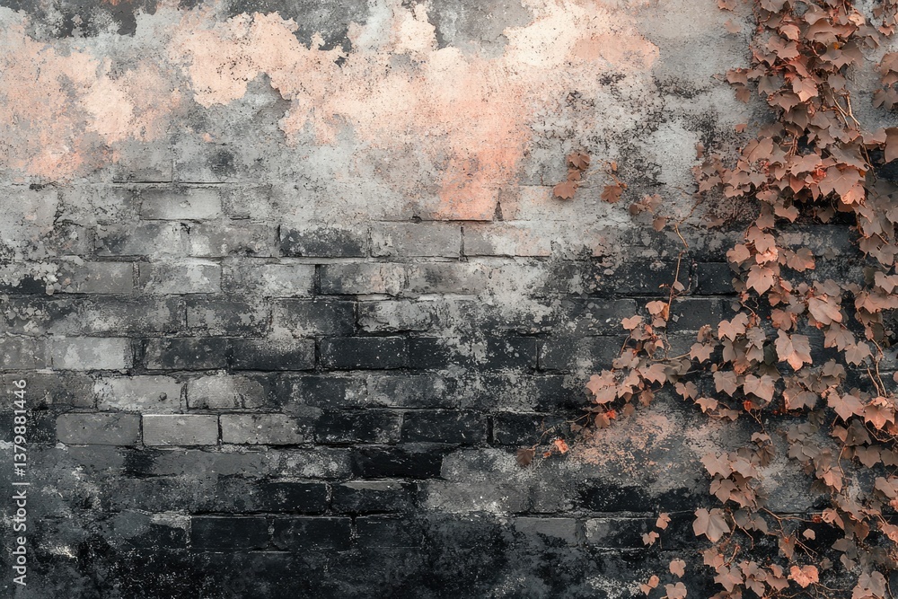 Poster an old, weathered brick wall is partially covered by creeping vines, creating a rustic and textured 