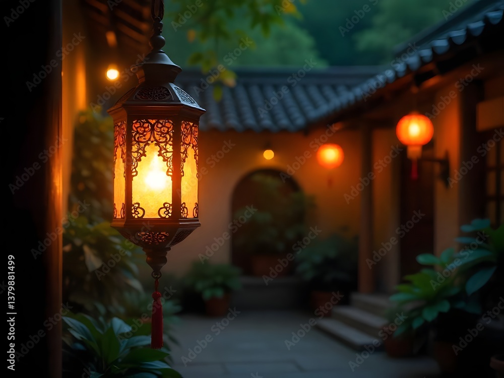 Poster generative ai ancient lantern casting a warm glow on a traditional courtyard, creating a tranquil an