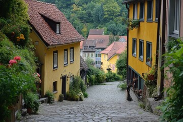 Yellow houses with red rooftops in cozy village street