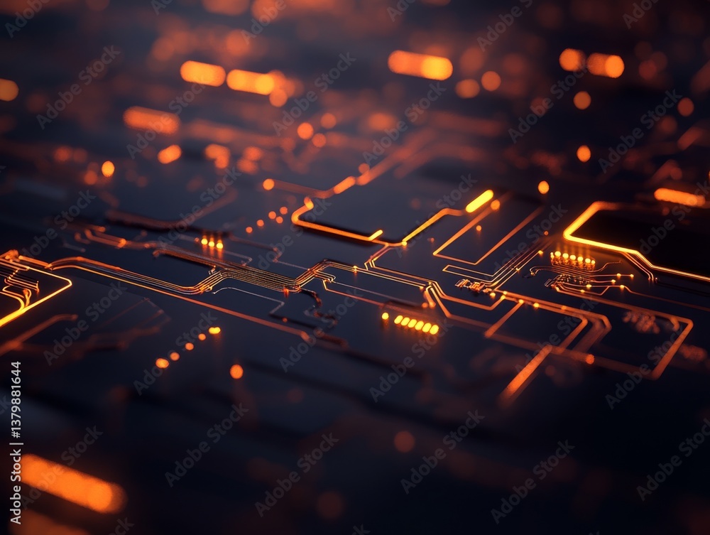 Poster Intricate circuit board design with glowing orange pathways and dark background at close range