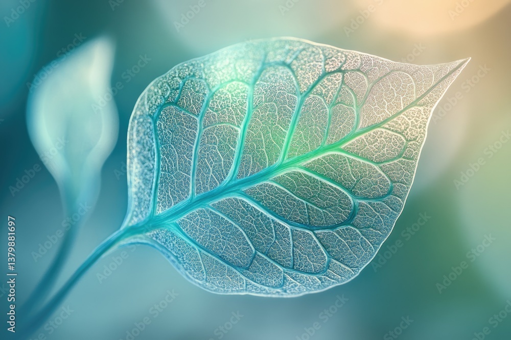 Poster detailed close-up of a translucent leaf showing intricate vein patterns against a soft, blurred, lig