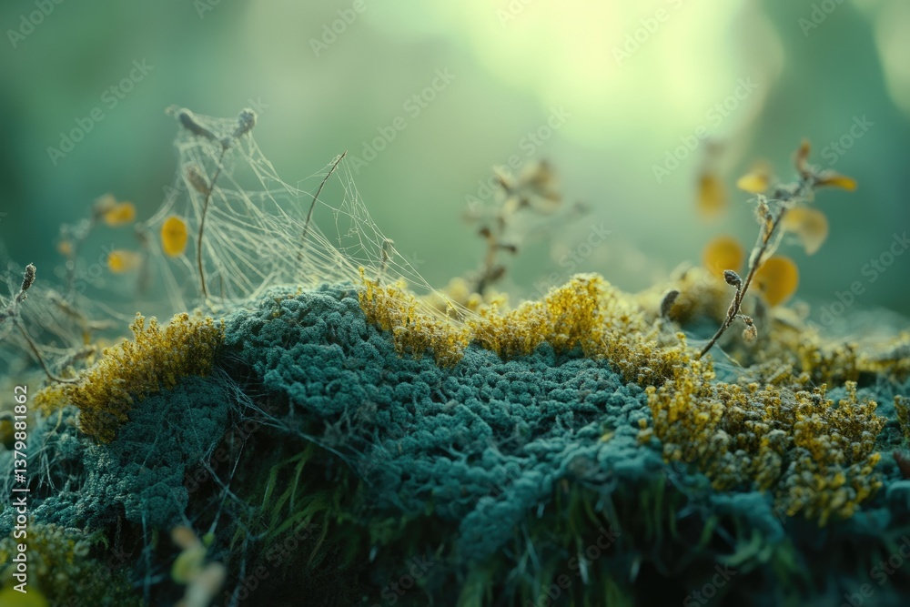 Poster a close-up view showcases moss and delicate spiderwebs, illuminated by soft sunlight in a lush, gree