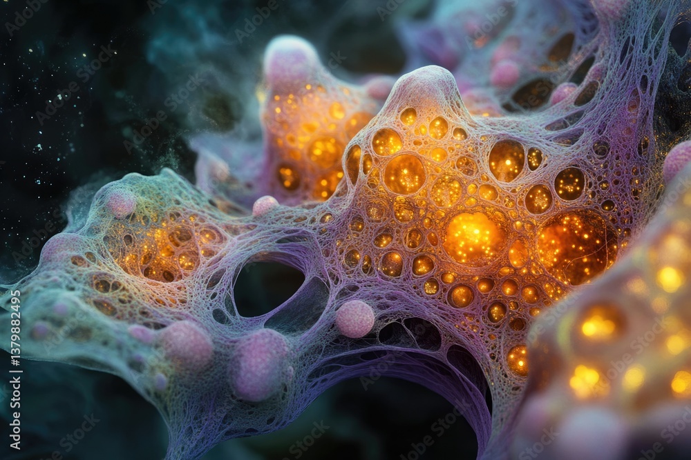 Poster an abstract illustration of a complex biological structure, featuring glowing cells and interconnect