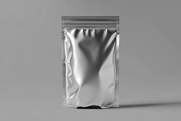 Silver StandUp Pouch Mockup on Grey Background, Metallic Texture, Closeup View