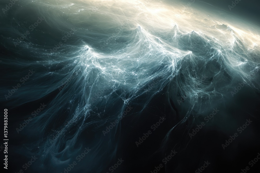 Poster mysterious and luminous waves rise from the depths, illuminated by a radiant glow above, creating an