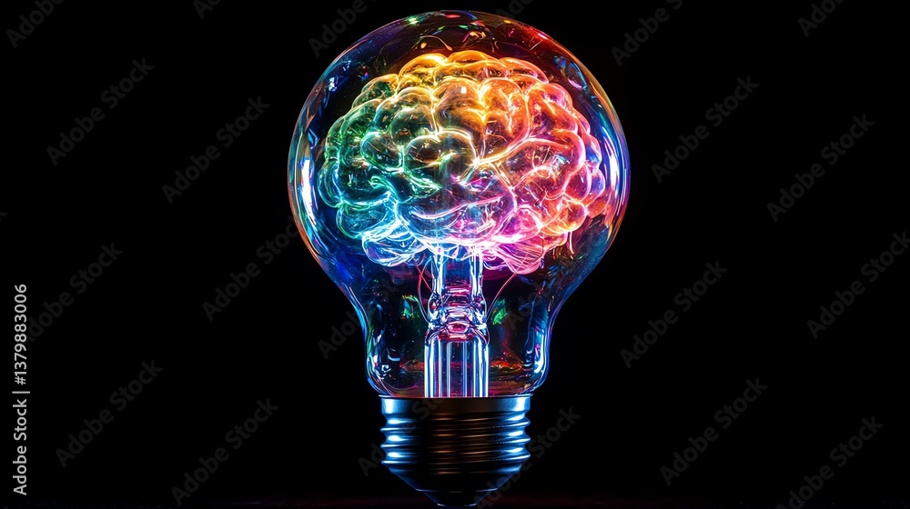 Aufkleber light bulb filled with a vibrant, multicolored brain, symbolizing brainpower and innovation, illumin