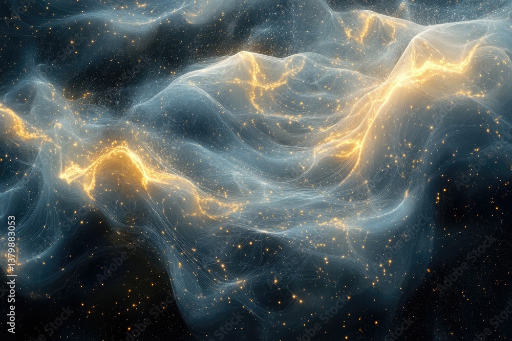 Poster ethereal cosmic landscape featuring nebula-like formations, adorned with sparkling starlight and glo