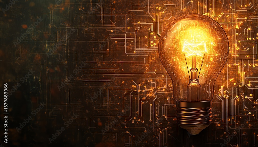 Poster light bulb glowing against a detailed electronic circuit background, symbolizing the intersection of
