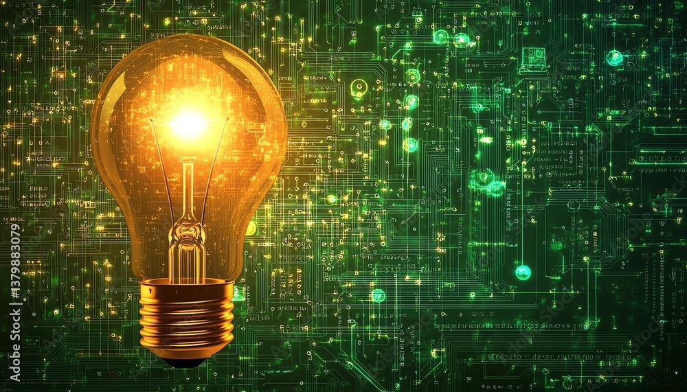 Poster light bulb glowing against a detailed electronic circuit background, symbolizing the intersection of