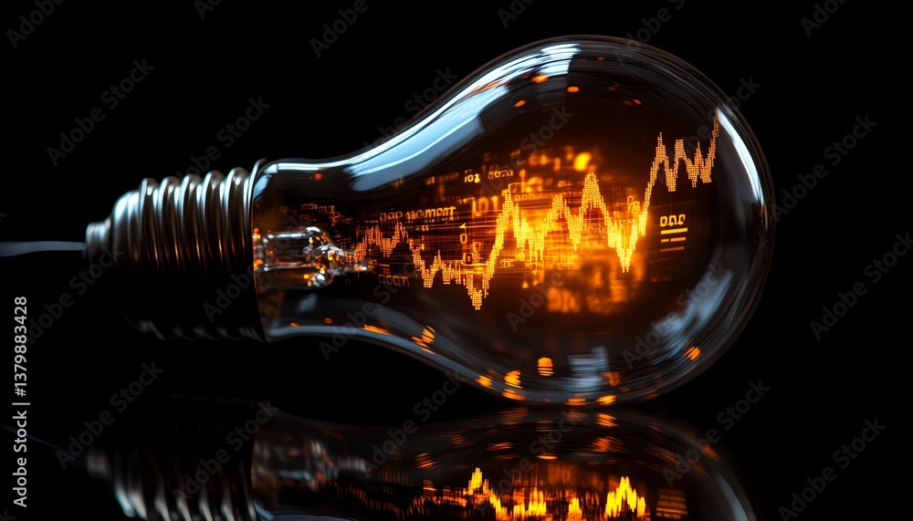 Poster light bulb with double exposure of stock market charts and financial graphs inside, symbolizing the 