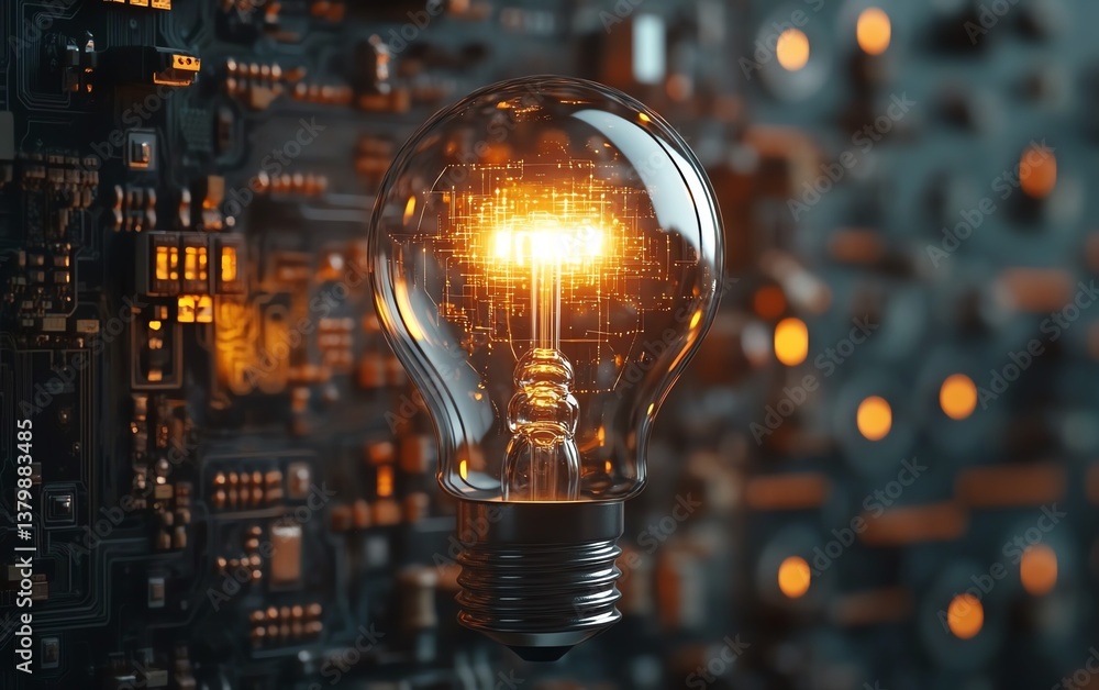 Poster light bulb with glowing filament, surrounded by a detailed electronic circuit background, symbolizin