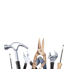 Hand construction tools watercolor illustration. Items for home repair and interior renovation. Craftsmanship concept. Construction store, banner, background