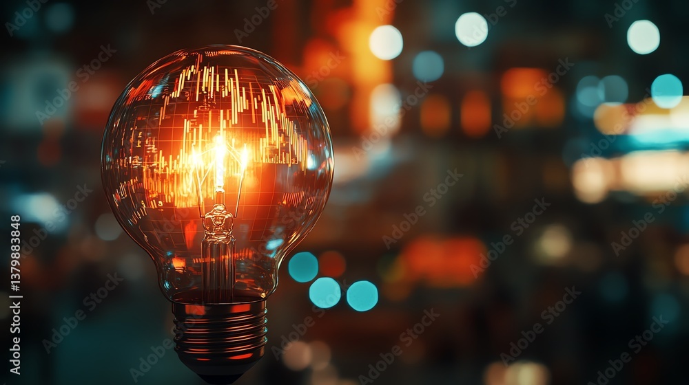 Poster Glowing light bulb with double exposure of stock market data and graphs inside, representing financial growth, investment, and innovation