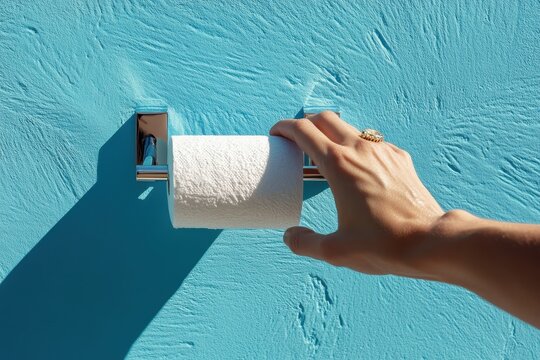 Hand reaches for white toilet paper roll on modern holder against bright blue textured wall during daylight