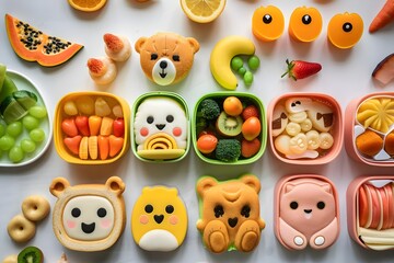 Adorable Animal-Shaped Bento Boxes: Fun Fruit, Veggie, and Snack Combinations for Kids' Healthy Eating Adventures.  Creative Food Art Designs for Delightful Lunchtime Experiences.