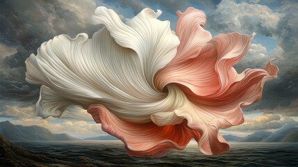 Abstract Swirling Pink and White Flower Forms Against a Dramatic Sky