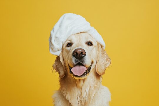 Golden retriever with a towel on its head poses cheerfully against a bright yellow background after a bath