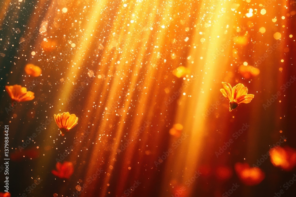 Poster sunlight filters through, illuminating delicate orange flowers and swirling particles in a warm, eth