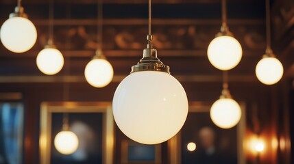 Several spherical pendant lights illuminated a room with artwork behind them