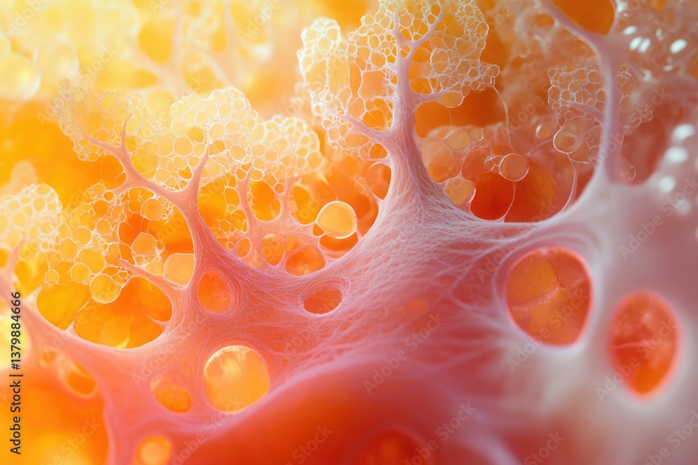 Fototapete Abstract image of orange and white with bubble-like formations, resembling cellular or organic structures at a microscopic level.