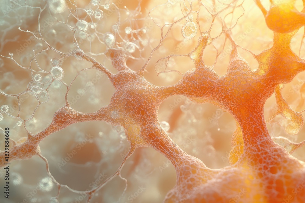 Poster A microscopic view of brain cells, neurons, and synapses interconnected by web-like structures and droplets.